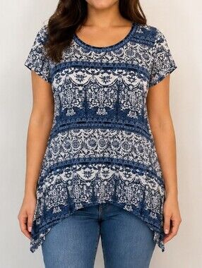 Guilty Blue & White Boho Paisley Tunic Top – M